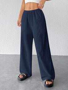SHEIN PETITE 女士纹理简约宽松阔腿裤 - 藏蓝色 - 查看 4