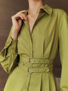 Arave 女士梭织棉质莫代尔纯色绿色衬衫领长袖半开腰系带优雅休闲办公室衬衫，春秋 - 綠色 - 查看 2