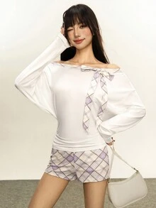 Rina Fox 女士格子撞色拼接蝴蝶结肩带腰部收紧长袖上衣和低腰短裤休闲套装 - 白色 - 查看 5