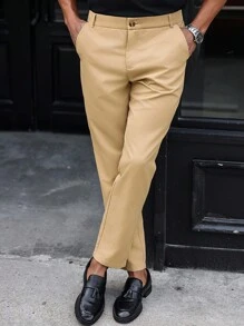 Manfinity Mode Men's Casual Solid Color Tapered Dress Pants With Zipper Closure For Work, Zipper Front Side Pocket Slim Fit Suit Pants, Business Formal Style, Old Money - Khaki - View 5