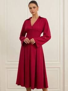 Revavyn Vestido de mujer de manga larga con cuello en V, de tela texturizada, elegante y de lujo para uso diario - Burdeos - Ver 5