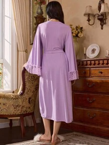 Côtesoire 女士优雅法式荷叶边下摆浴袍 - 紫色 - 查看 2