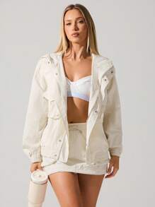 Menodora SHEIN Sport 女士休闲纯色梭织宽松长袖常规夹克 - 杏色 - 查看 1