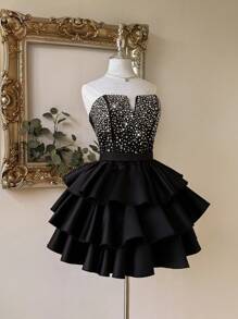 Lovelzi 优雅、浪漫、性感的黑色缎面面料，深 V 领，收腰，紧身胸衣，大量水钻装饰，有骨紧身胸衣，后背系带，A 字裙，褶皱设计，适合毕业典礼、学校开学典礼、音乐节、生日派对、婚礼、舞会礼服 - 黑色 - 查看 7