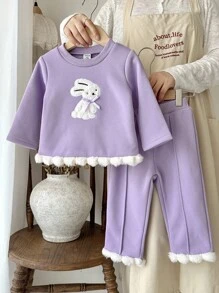 SHEIN 女宝宝休闲可爱兔子刺绣毛绒下摆圆领长袖针织上衣和喇叭裤套装，秋冬 - 紫色 - 查看 4