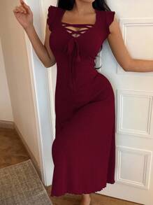 SHEIN 纯色短袖V领系带装饰修身女士休闲连衣裙酒红色连衣裙罗纹连衣裙系带前开襟连衣裙交叉连衣裙荷叶袖连衣裙 - 酒紅色 - 查看 5