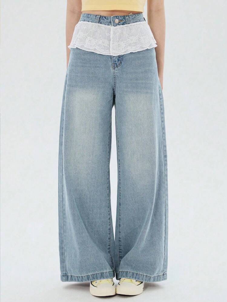 Women's Lace-Trim Casual Cute Straight Leg Jeans