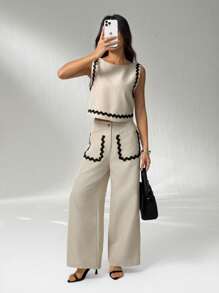 SHEIN PETITE Bộ trang phục mùa hè 2 món cho nữ, áo sơ mi viền tương phản và quần dài đơn giản rộng rãi đi làm - Màu be - Xem 5