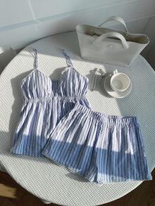 Comfortcana Casual Vacation Striped V-Neck Ruffle Camisole And Shorts 2 Pieces Set Striped Set Beach Women Summer Sets - Blue - View 4