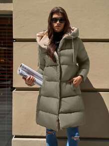 EURMUSE Two-Tone Hooded Pocket Zipper Stand Collar Mid-Length Winter Jacket - Army Green - View 6