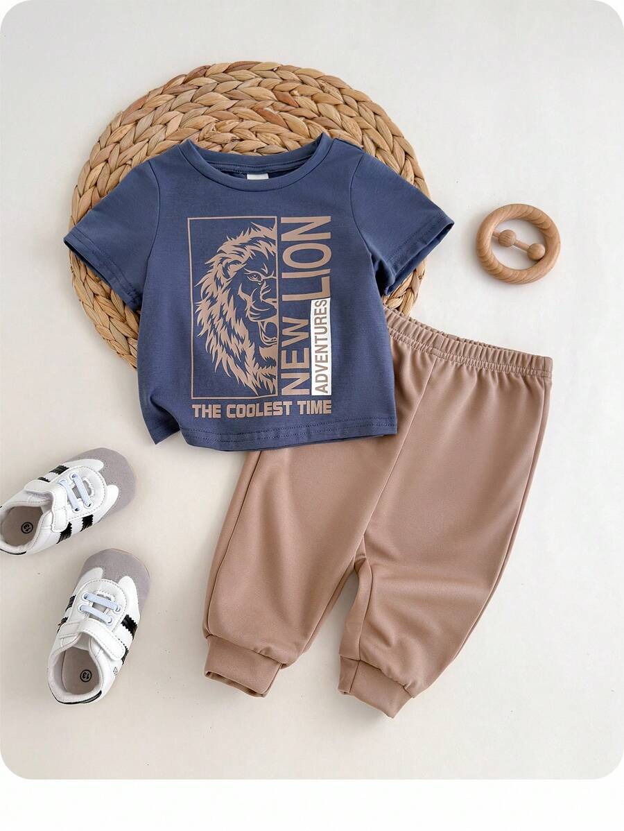 2 件套男婴可爱狮子图案短袖 T 恤和裤子套装，舒适休闲时尚服装适合春夏季室内、户外、日常穿着、运动、玩耍、派对、拍照、度假、节日 - 棕色 - 查看 1