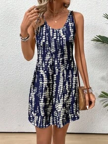 EMERY ROSE Casual Minimalistic Retro Blue & Apricot Color Abstract Pattern Print Loose Fit Summer Dress For Women Suitable For Going Out