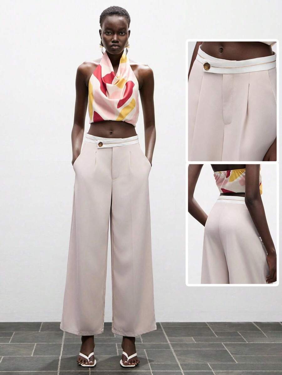 Lumivelle Old Money Style Women Elegant Modern Contrast Color Asymmetrical Waistband Wide Leg Pants Casual Spring For University - Khaki - View 1