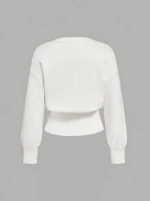 SHEIN MOD 加大码 V 领前开金色纽扣装饰腰部休闲优雅针织开衫毛衣、短款上衣、白色毛衣女秋冬装 - 米色 - 查看 6