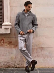 Manfinity VCAY Men's Grey Quarter Zip Sweater,Loose Fit High Neck Ribbed Knit Pullover For Autumn,Smart Casual Date Night Cashmere Soft Solid Color Men's Knitwear - Dark Grey - View 5