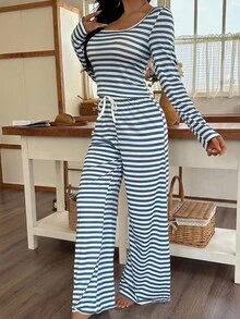 SHEIN 女士休闲条纹印花长袖上衣和裤子睡衣套装，秋季服装 - 藍色 - 查看 3