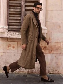 HIMLAND Men's Houndstooth Trench Coat, Wide Shoulder Long Single-Breasted Jacket, Suitable For Daily Wear Men Long Coat Men Fall Collection Earthy Men Brown Houndstooth Coat, Winter - Multicolor - View 5