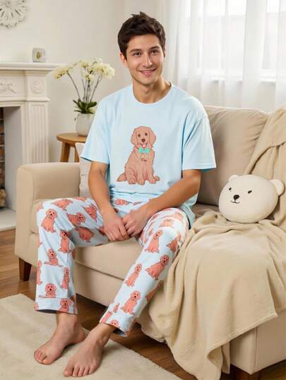 Men's Short Sleeve & Long Pants Cartoon Dog Print Loose Pajama Set, Comfortable & Cool For Summer