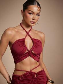 Hauture 女士夏季假期休闲褶饰露背上衣 - 紅色 - 查看 1