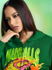 MADBALLS X SHEIN 女士休闲卡通字母图案连帽卫衣 - 綠色 - 查看 7