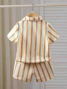 SHEIN 2pcs Young Boy Textured Stripe Knit Shirt And Shorts Set - Multicolor - View 2