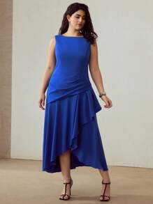MOTF PREMIUM PLUS SIZE SOLID RUCHED WAIST ASYMMETRICAL RUFFLE HEM DRESS - Blue - View 4