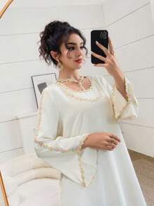 Yasmyna Váy Ả Rập thanh lịch cổ tròn tay loe rộng rãi thêu họa tiết cho nữ, mùa hè - Màu vàng - Xem 1