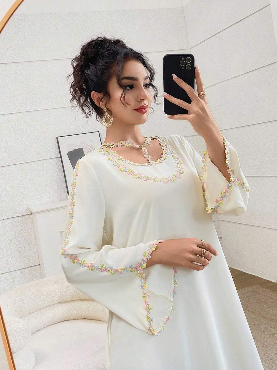 Yasmyna Váy Ả Rập thanh lịch cổ tròn tay loe rộng rãi thêu họa tiết cho nữ, mùa hè - Màu vàng - Xem 1