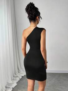 Firerie Đầm ôm body ngắn xếp nếp đính ngọc trai giả màu trơn dành cho nữ - màu đen - Xem 2