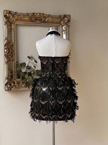 Lovelzi 优雅奢华黑色串珠刺绣手工钻石羽毛装饰短款露背鸡尾酒会礼服