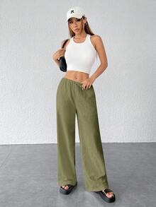 SHEIN PETITE 女士纹理简约宽松阔腿裤 - 軍綠色 - 查看 3