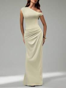 SHEIN Tall Váy cổ lệch màu thanh lịch dành cho nữ - Màu be - Xem 5