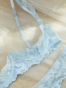 2PCS Women's Floral Lace Sexy Lingerie Set (2pcs With Underwire) Light Blue Lingerie Set Lace Bra And Panty Set Lace Thong Set