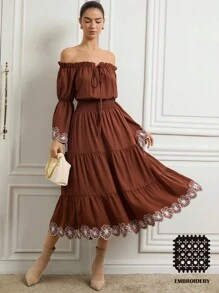 Zanirela Autumn/Winter New Women's Off Shoulder Sleeve Floral Contrast Color Embroidery Ruffle Hem Long Sleeve Vintage Layered Flared Waist Maxi Dress - Brown - View 3