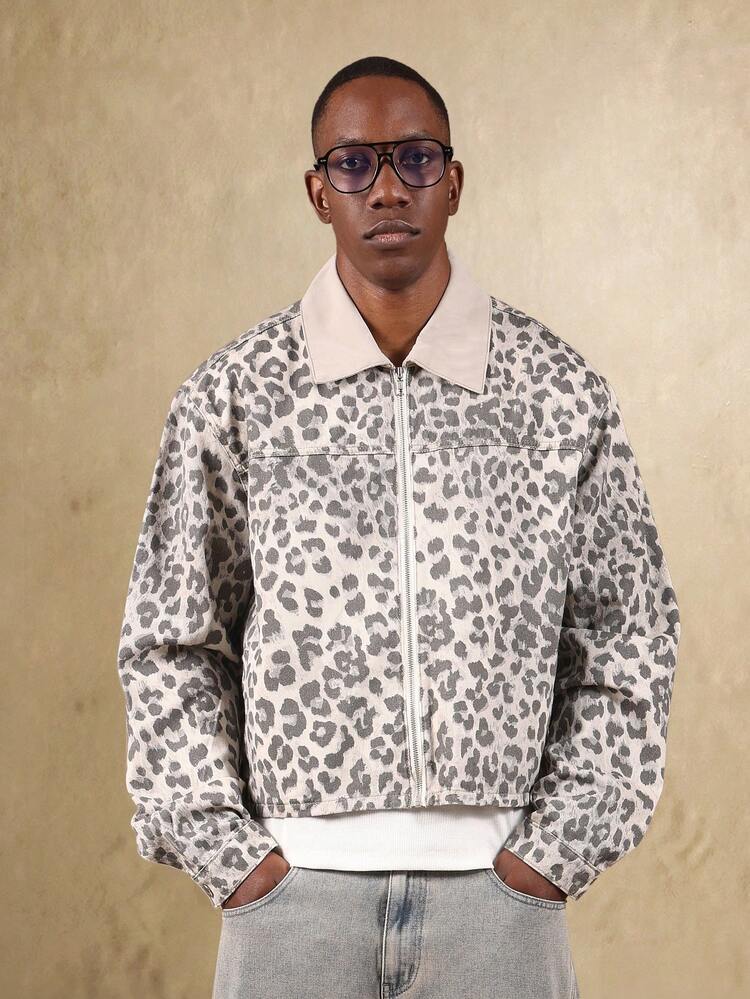 Leopard Print Denim Jacket With Zip Front And Contrast Collar