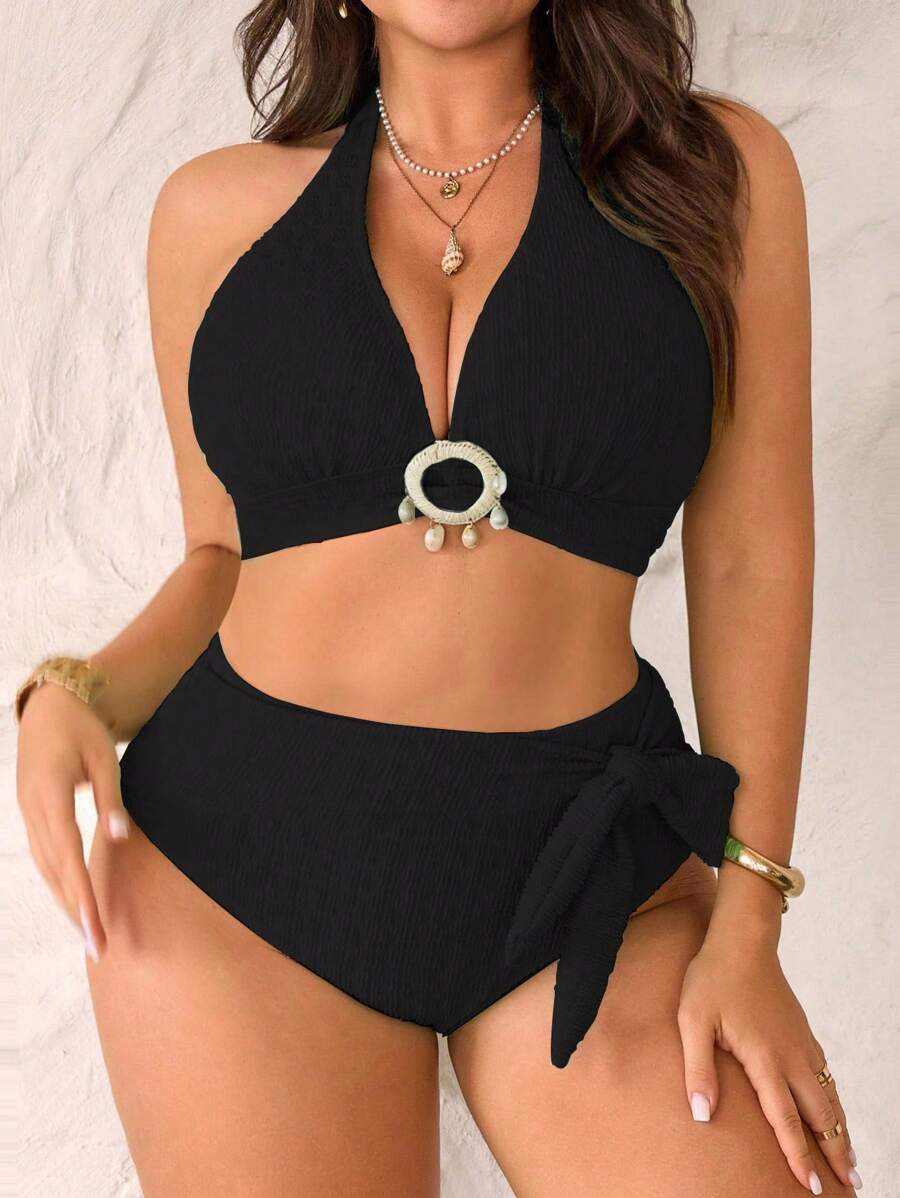 Swim Vcay Conjunto de Traje de Baño de Moda Estilo Separado Minimalista Verde Menta Talla Grande, Adecuado para el Verano - Negro - Ver 1