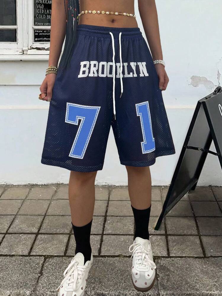 INAWLY 女士夏季休闲网眼透气字母印花抽绳腰短裤 - 彩色 - 查看 1