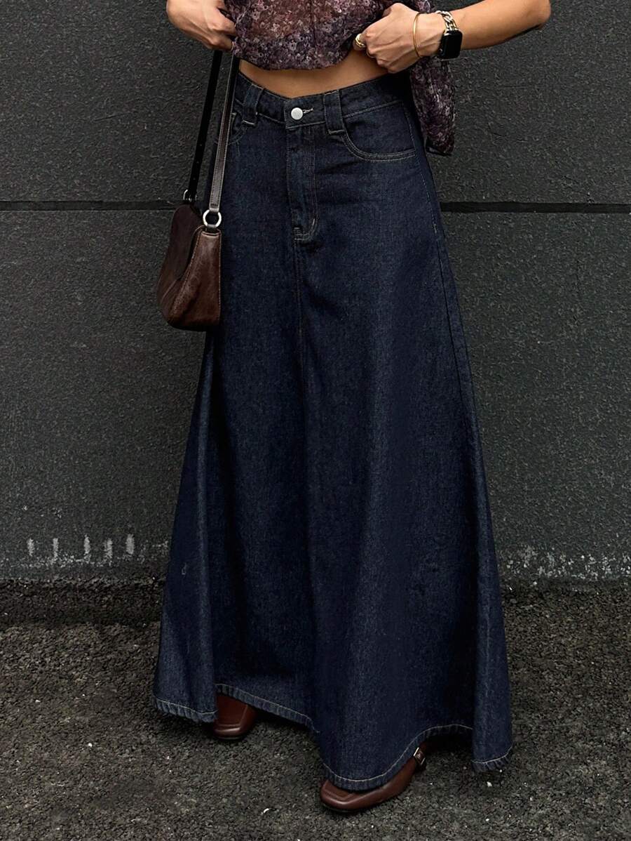 Livesso 女士纯色简约休闲牛仔半身裙 - 藍色 - 查看 1