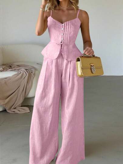 Almamuse 2pcs/Set White Linen Casual Fitted Camisole And Wide Leg Pants