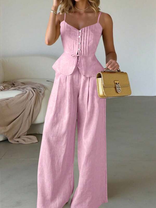 Almamuse 2pcs/Set White Linen Casual Fitted Camisole And Wide Leg Pants