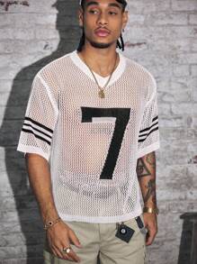 AXEPEAK 男士数字条纹镂空V领短袖针织上衣 - 白色 - 查看 4