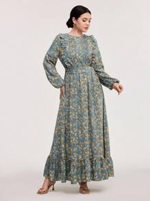 Veilorie Pleated Panel Ruffle Trim Lantern Sleeve Self Belted Modest Long Sleeve Dress - Multicolor - View 3