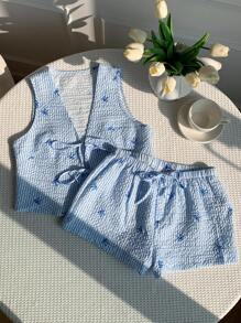 Comfortcana Conjunto de camiseta de tirantes y pantalones cortos a rayas con lazo para mujer - Celeste - Ver 4