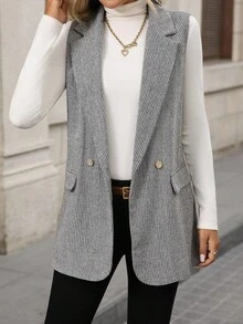 EMERY ROSE 女士纯色简约无袖西装外套，适合日常秋季穿着，包括女士西装外套、女士套装、商务休闲女装、秋季女装、教师装、办公室女装、教师制服、灰色西装外套。 - 黑與白 - 查看 4