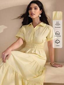 Modelyn Rochie de damă Plus Size, la modă, cu guler elastic, din bumbac, galbenă