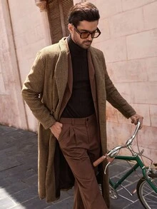 HIMLAND Men's Houndstooth Trench Coat, Wide Shoulder Long Single-Breasted Jacket, Suitable For Daily Wear Men Long Coat Men Fall Collection Earthy Men Brown Houndstooth Coat, Winter - Multicolor - View 6