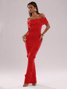 SHEIN BAE 性感女士半透明红色露肩连衣裙 - 紅色 - 查看 4