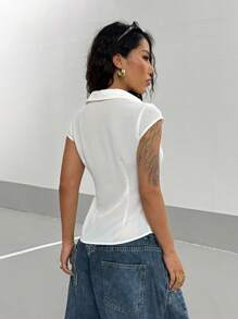 StreetHx Women's Street Style Fitted Solid Color Shirt, Casual Metal Decor - White - View 2