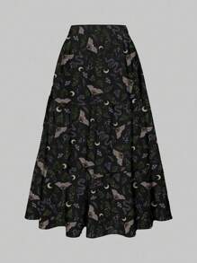 ROMWE Goth 浪漫哥特式花卉、飞蛾、蛇、植物、月亮全身印花多层紫色和绿色女式裙子，万圣节