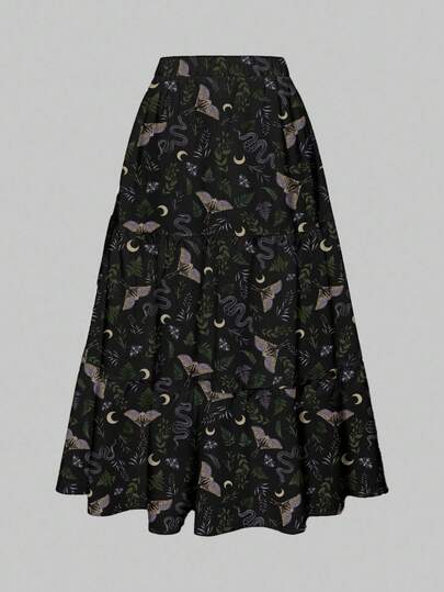 Goth Romantic Gothic Floral, Moth, Snake, Plant, Moon Allover Print Multi-Layer Purple & Green Women's Skirt